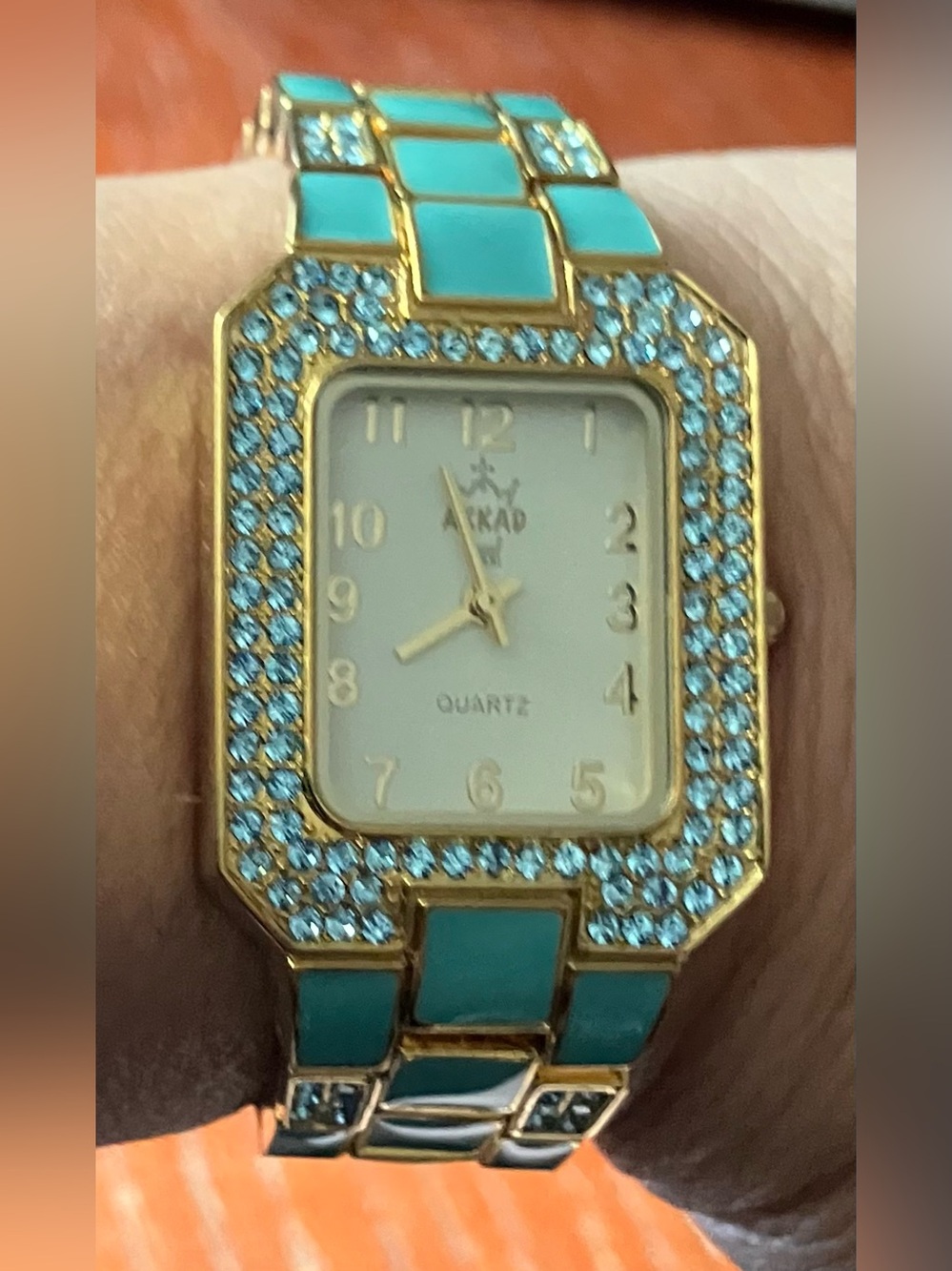 NEW AKKAD Turquoise Crystal Gold-Tone Women's Quartz Watch 16” when clasp closed